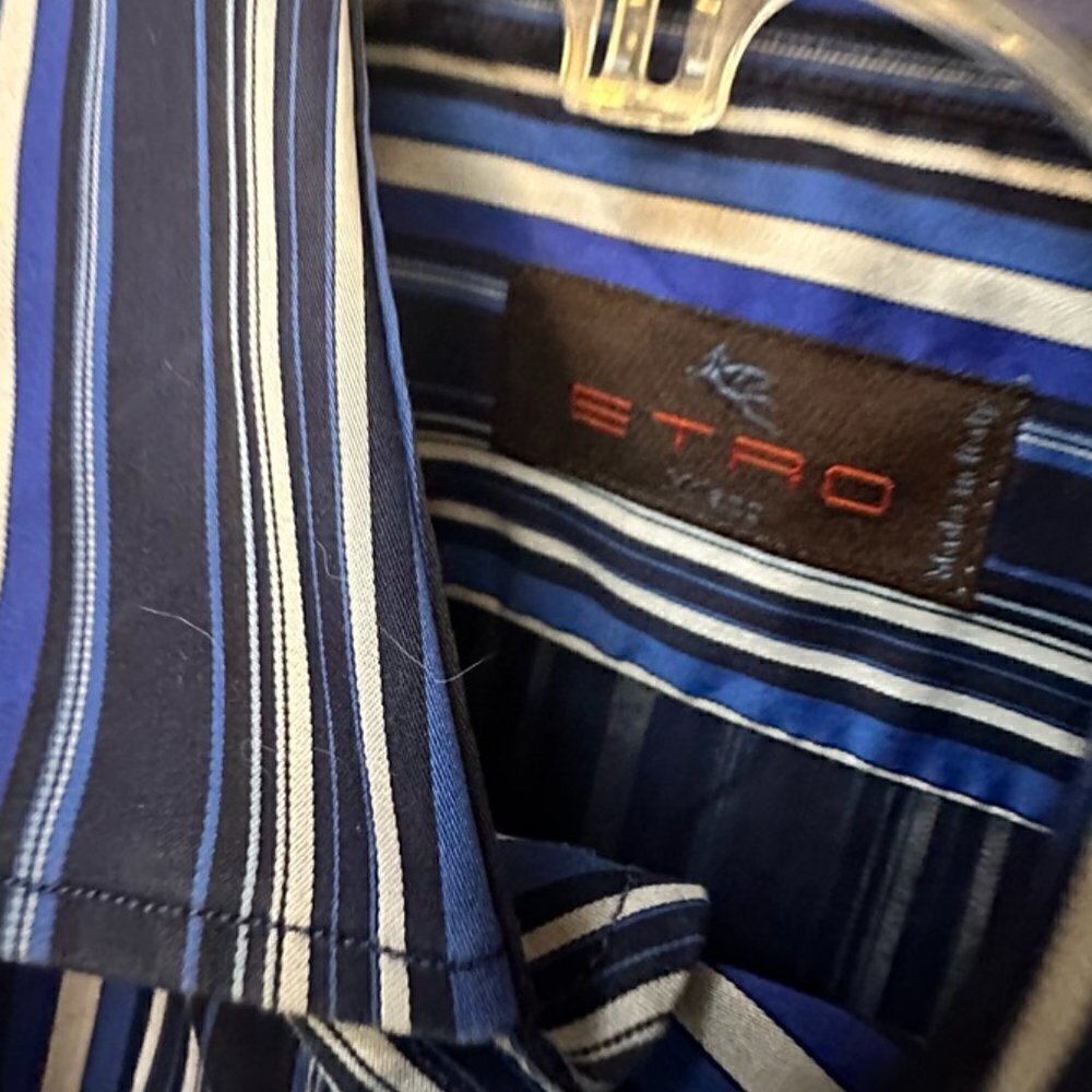 Etro Blue Button Down Shirt Dress Formal Cotton Size XL Extra Large 43 Striped - Picture 7 of 8